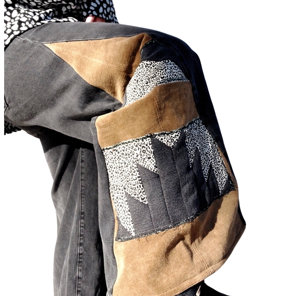 Upcycled Old Navy Black and Brown Flare Wide Jeans Lowrise Western - Picture 8 of 9